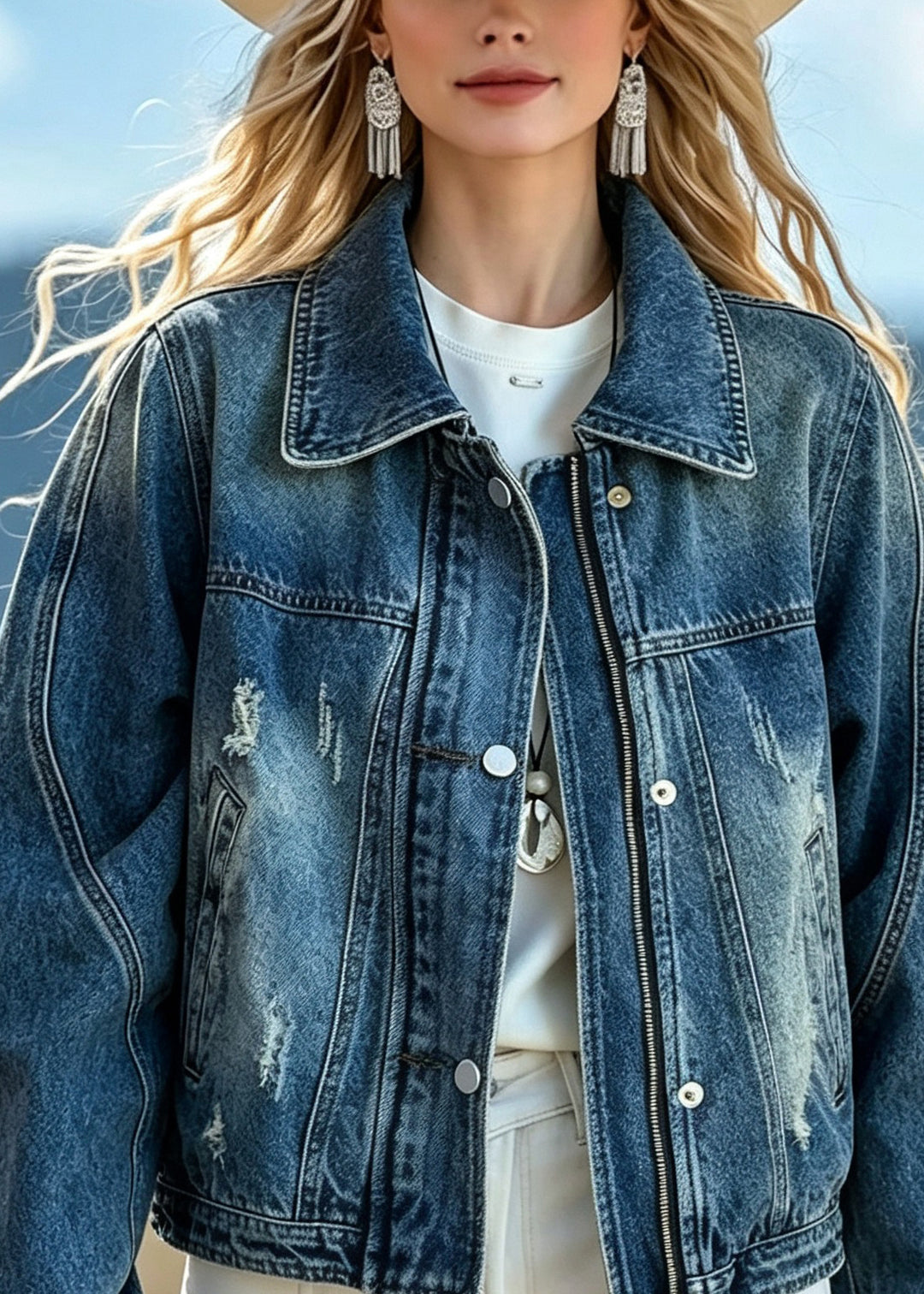 Boutique Blue Peter Pan Collar Pockets Patchwork Denim Jacket Fall