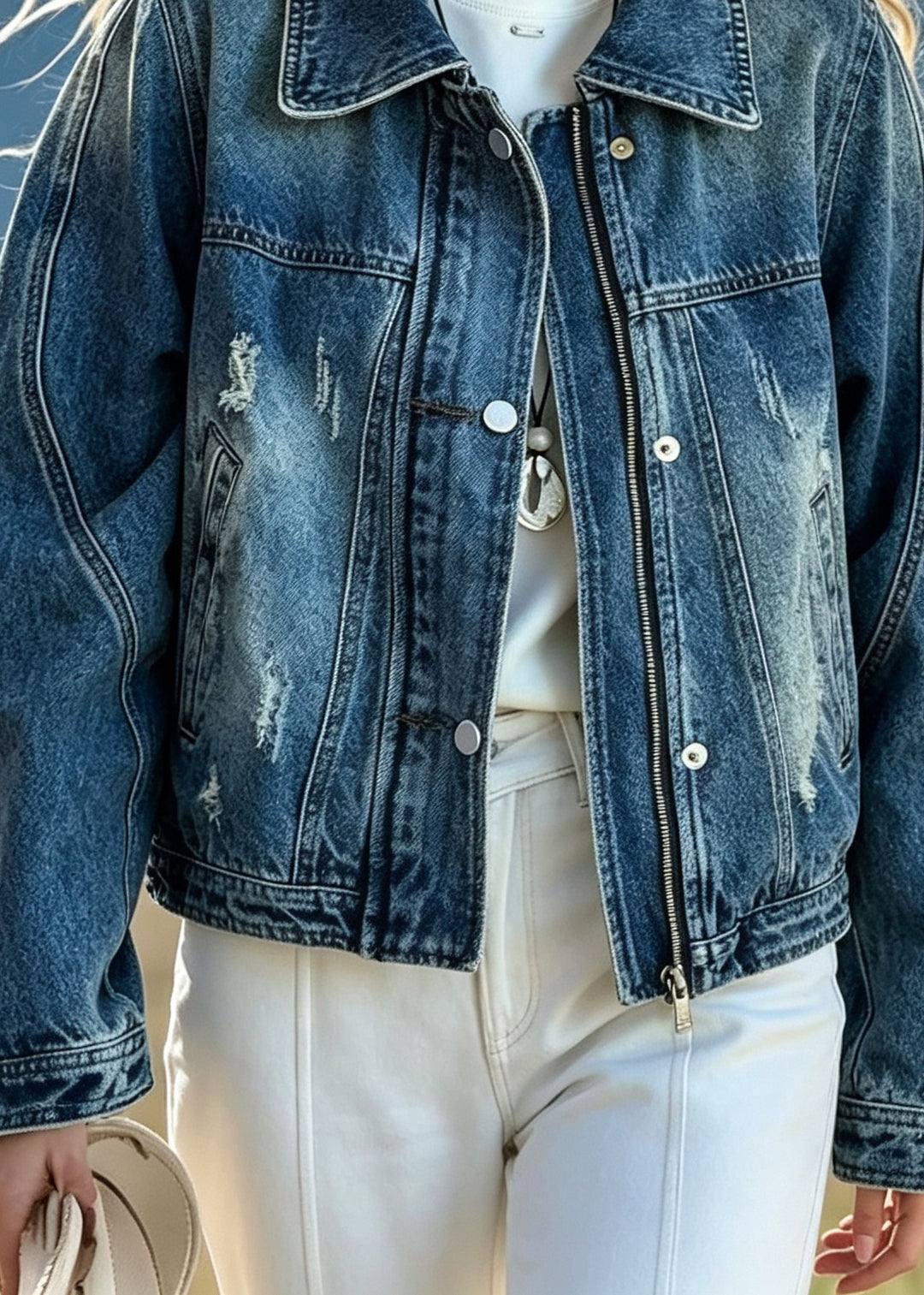 Boutique Blue Peter Pan Collar Pockets Patchwork Denim Jacket Fall
