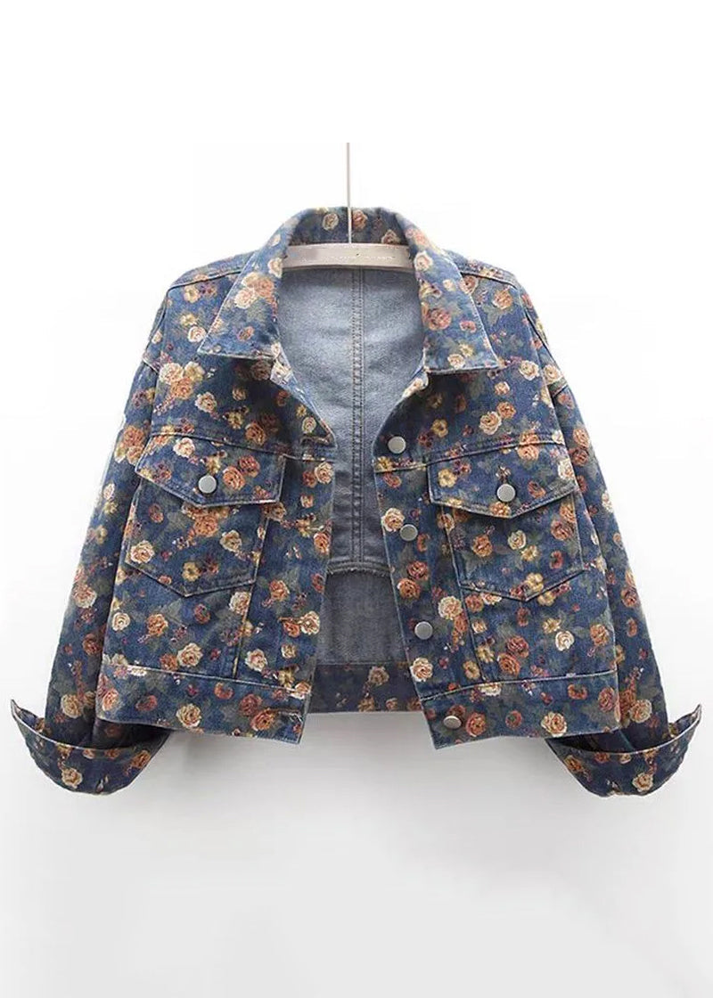 Boutique Blue Peter Pan Collar Print Denim Coats Fall
