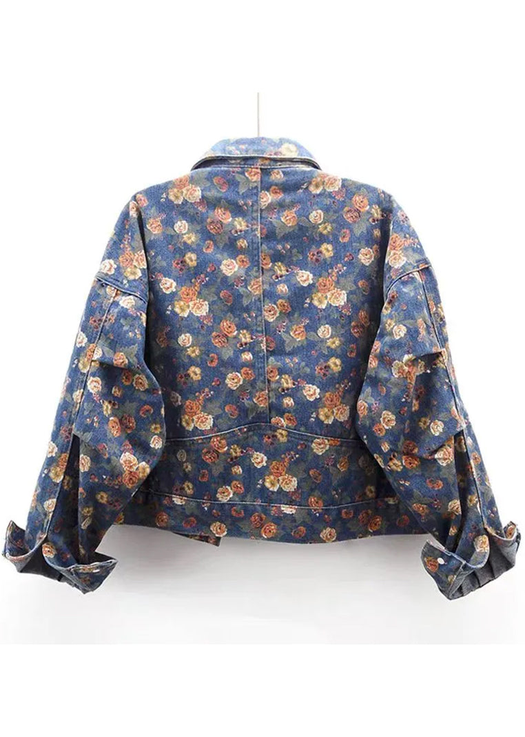 Boutique Blue Peter Pan Collar Print Denim Coats Fall