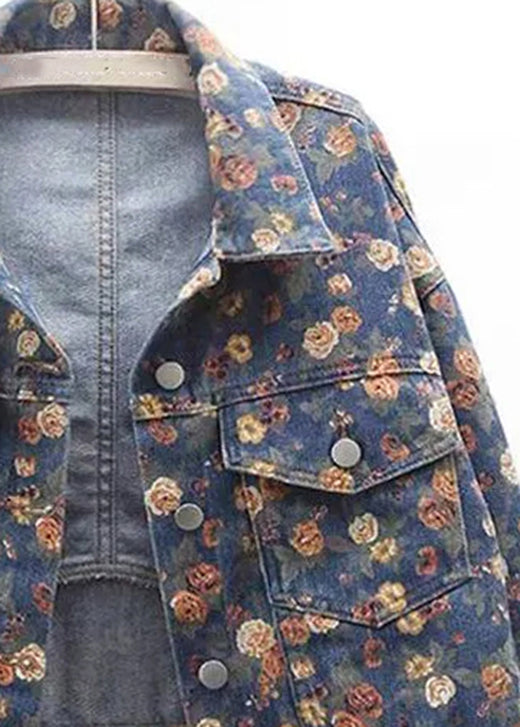 Boutique Blue Peter Pan Collar Print Denim Coats Fall