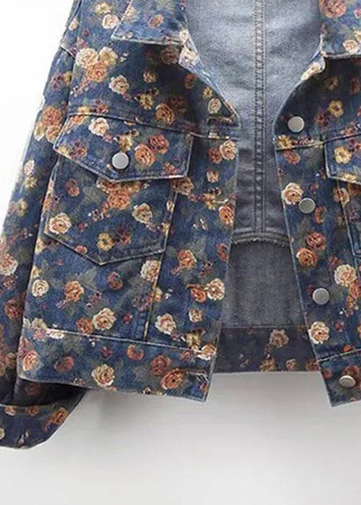 Boutique Blue Peter Pan Collar Print Denim Coats Fall