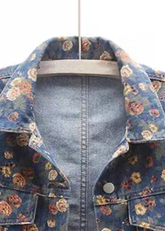 Boutique Blue Peter Pan Collar Print Denim Coats Fall