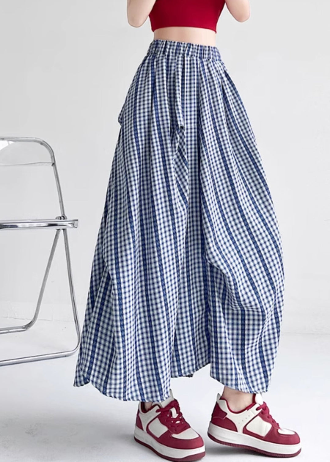 Boutique Blue Plaid Pockets Patchwork A Line Skirts Summer