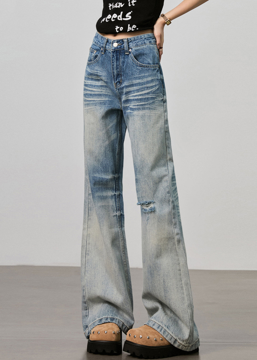 Boutique Blue Pockets High Waist Denim Ripped Pants Fall
