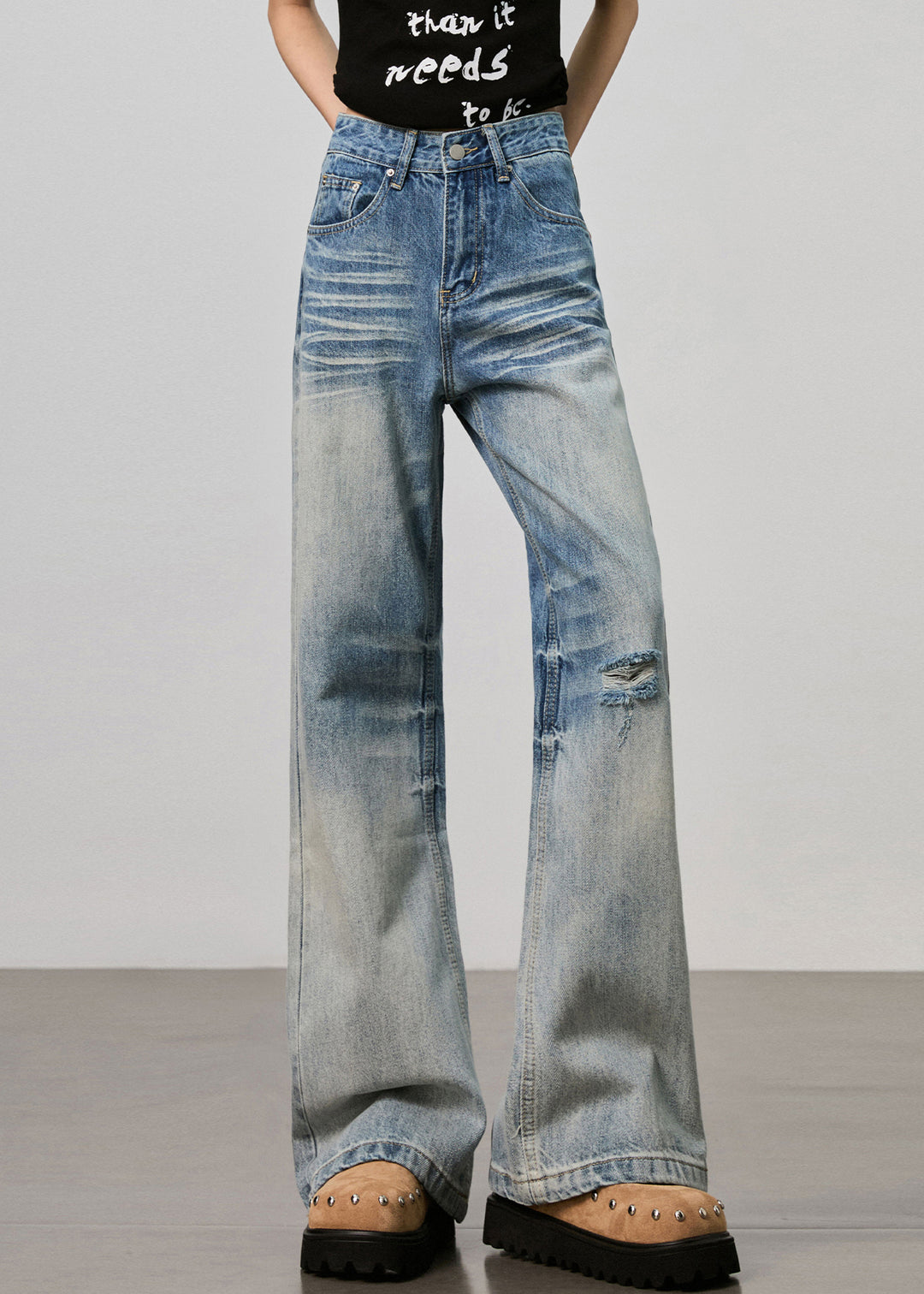 Boutique Blue Pockets High Waist Denim Ripped Pants Fall