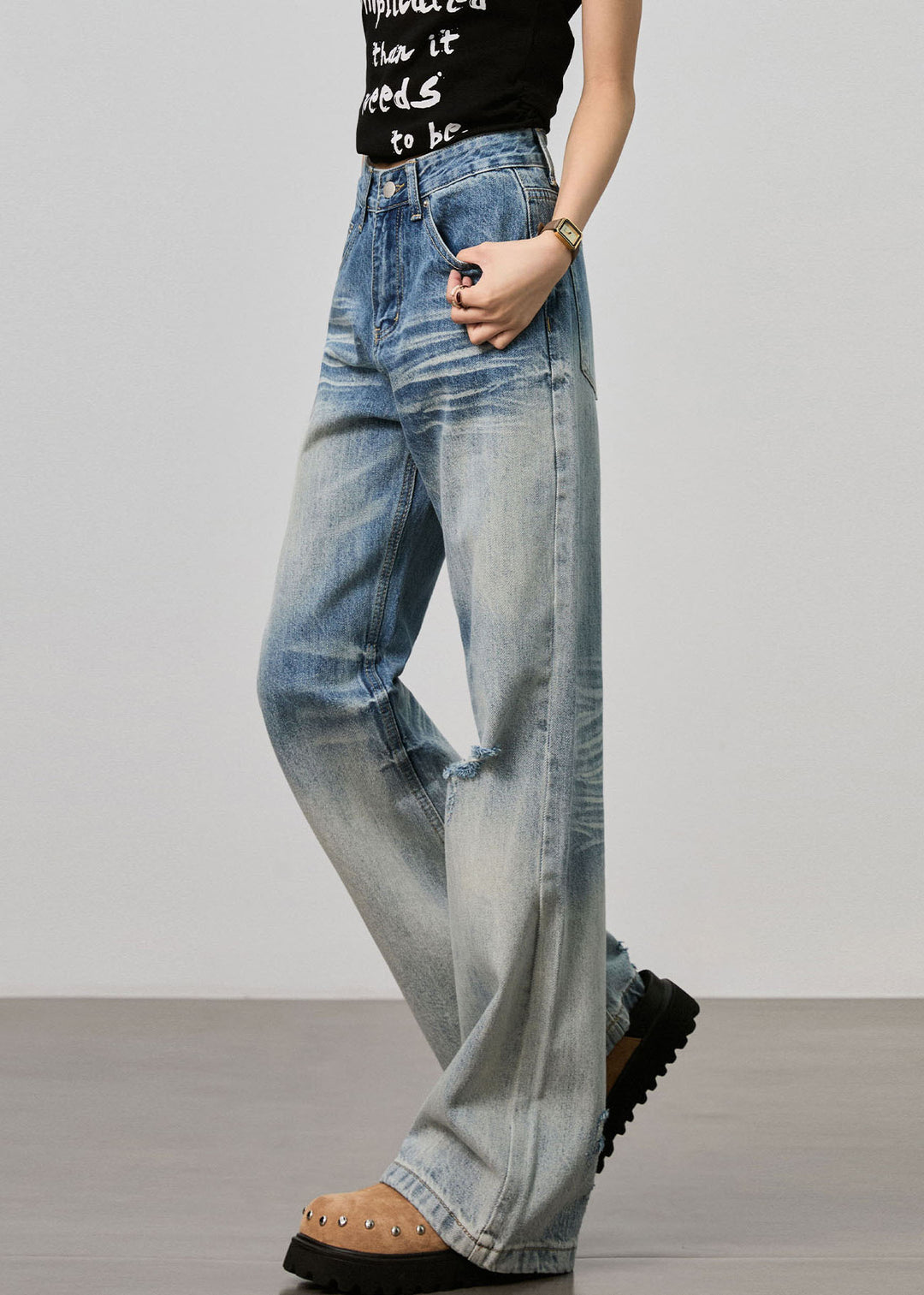 Boutique Blue Pockets High Waist Denim Ripped Pants Fall