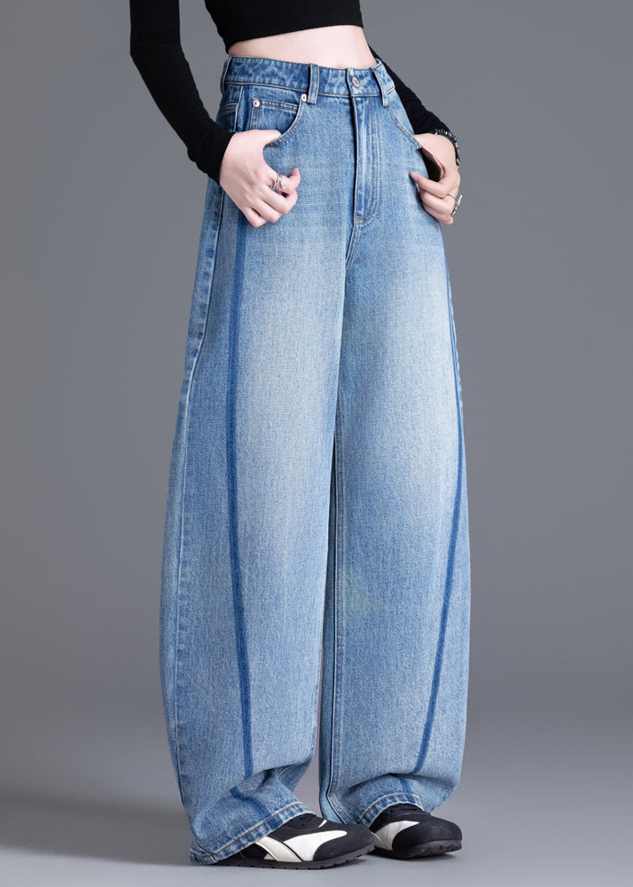 Boutique Blue Pockets Patchwork High Waist Denim Pants Spring