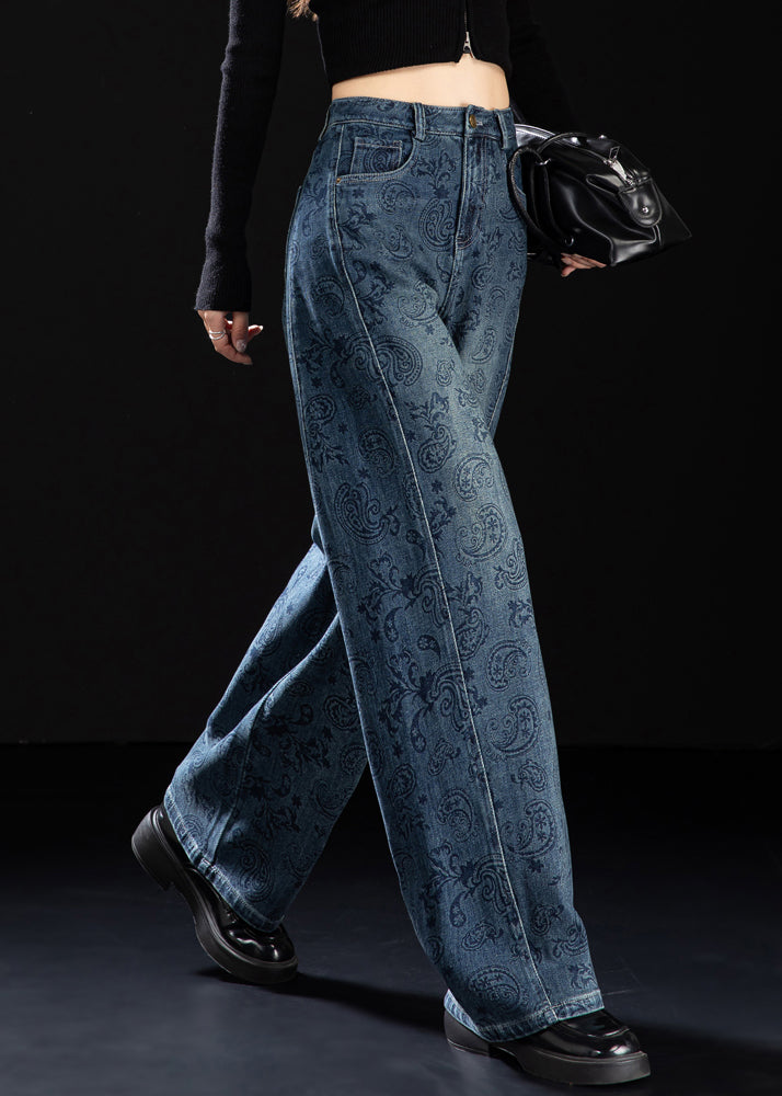 Boutique Blue Pockets Print Denim Pants Spring