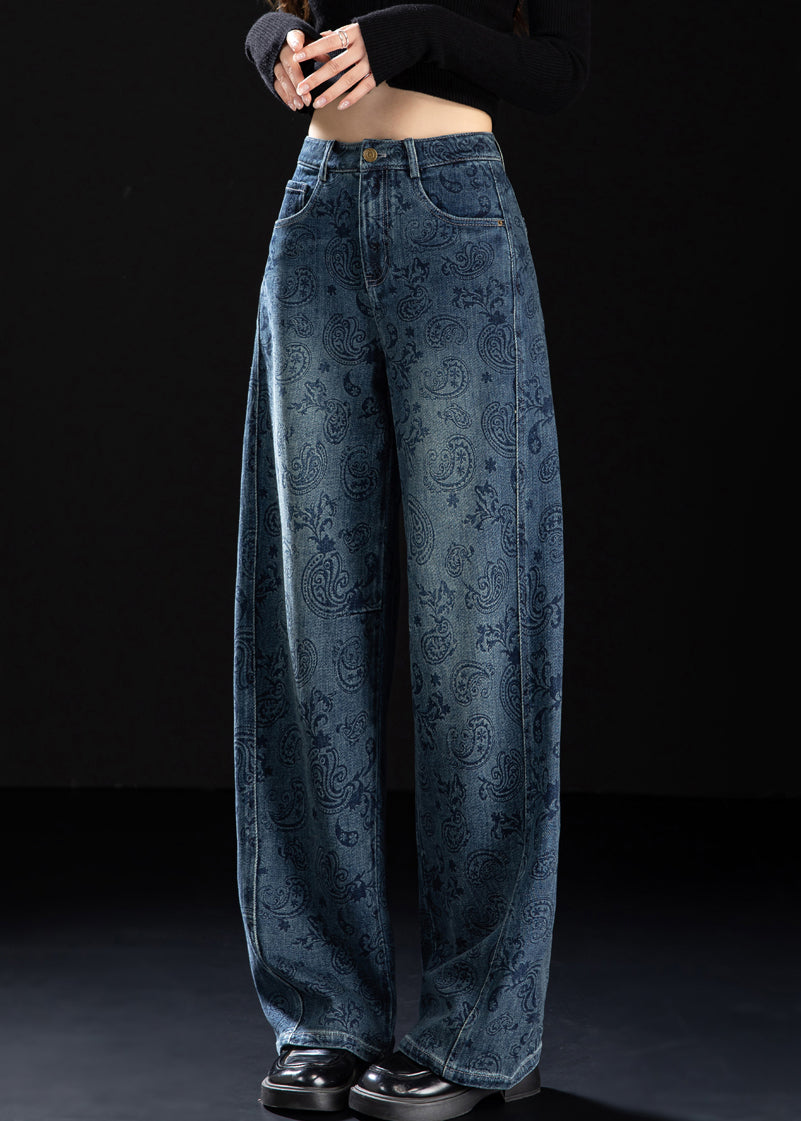 Boutique Blue Pockets Print Denim Pants Spring