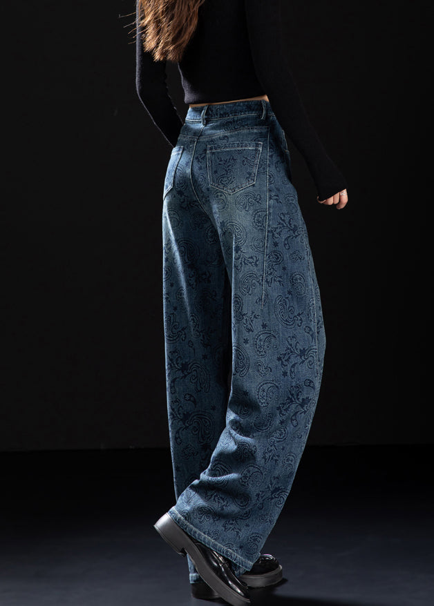 Boutique Blue Pockets Print Denim Pants Spring