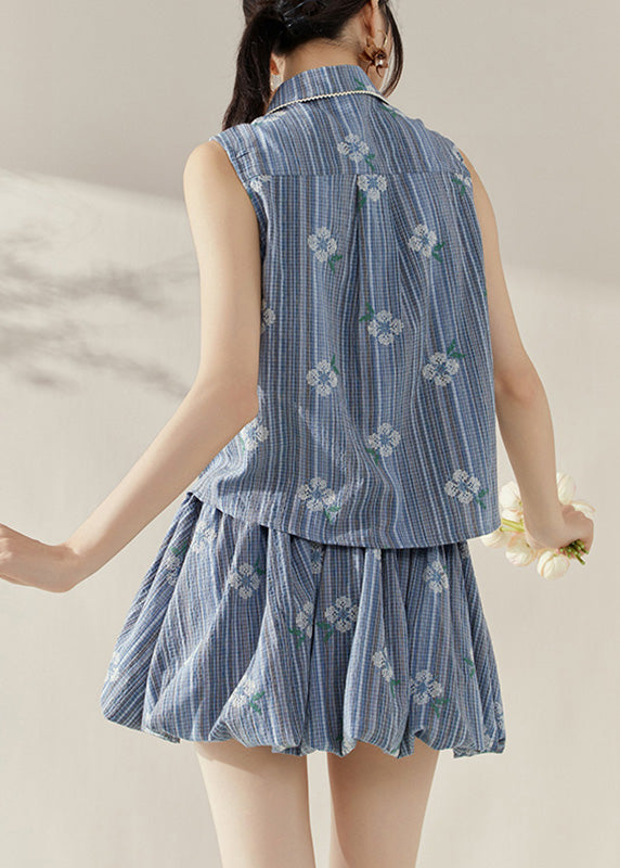 Boutique Blue Print Button Cotton Top And Skirts Two Piece Set Sleeveles