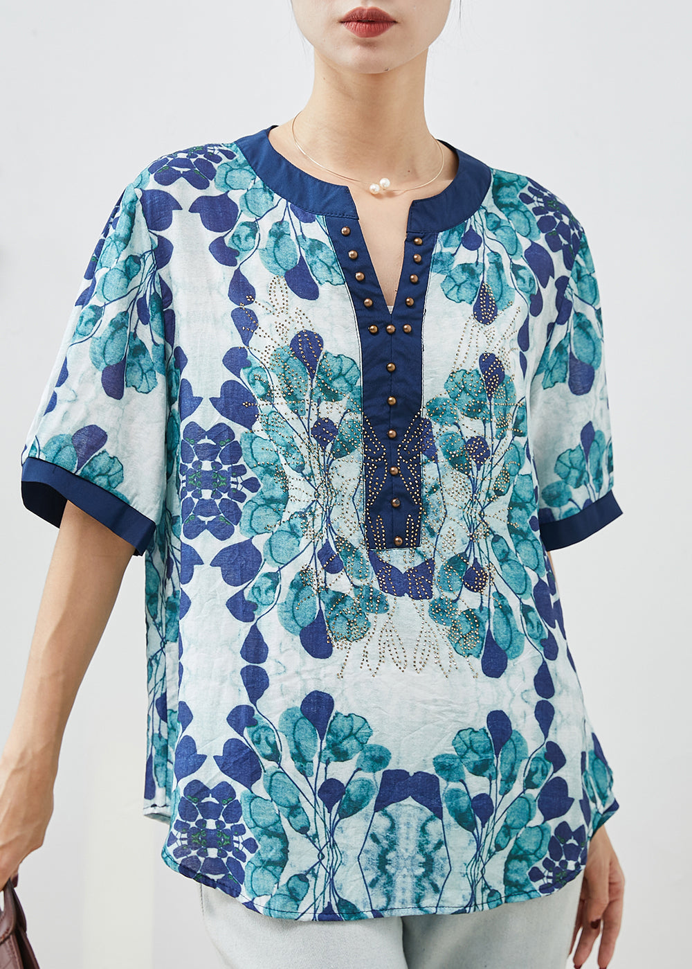 Boutique Blue Print Rivet Chiffon Blouse Top Summer