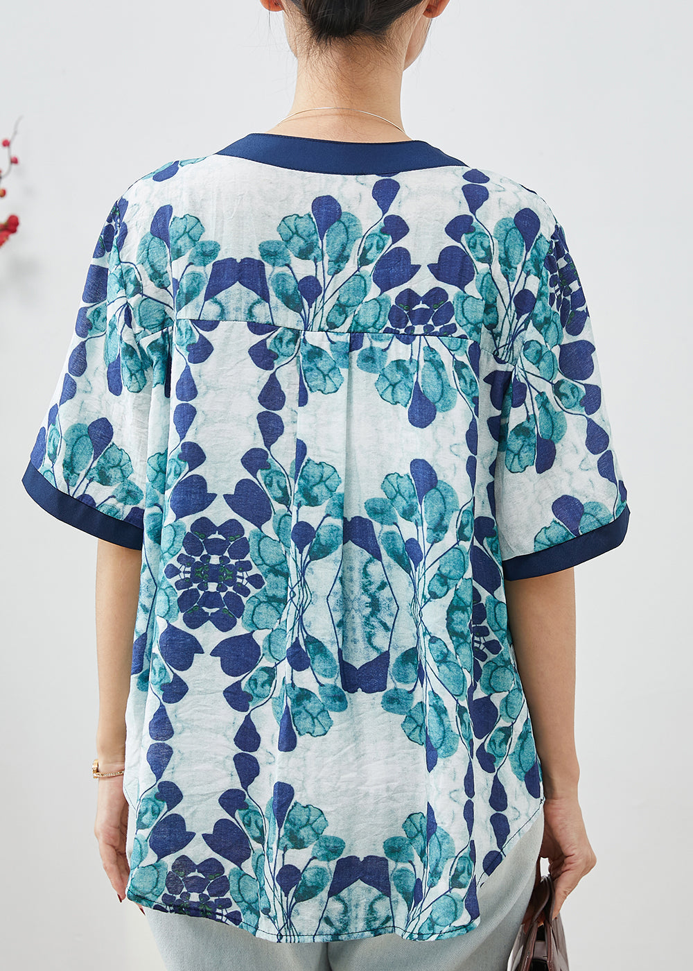 Boutique Blue Print Rivet Chiffon Blouse Top Summer