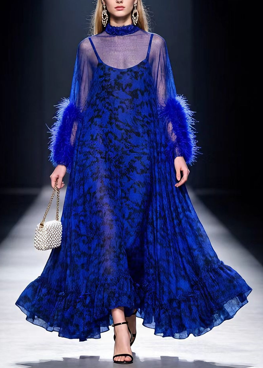 Boutique Blue Print Ruffled Fur Patchwork Cotton Maxi Dresses Spring - Omychic