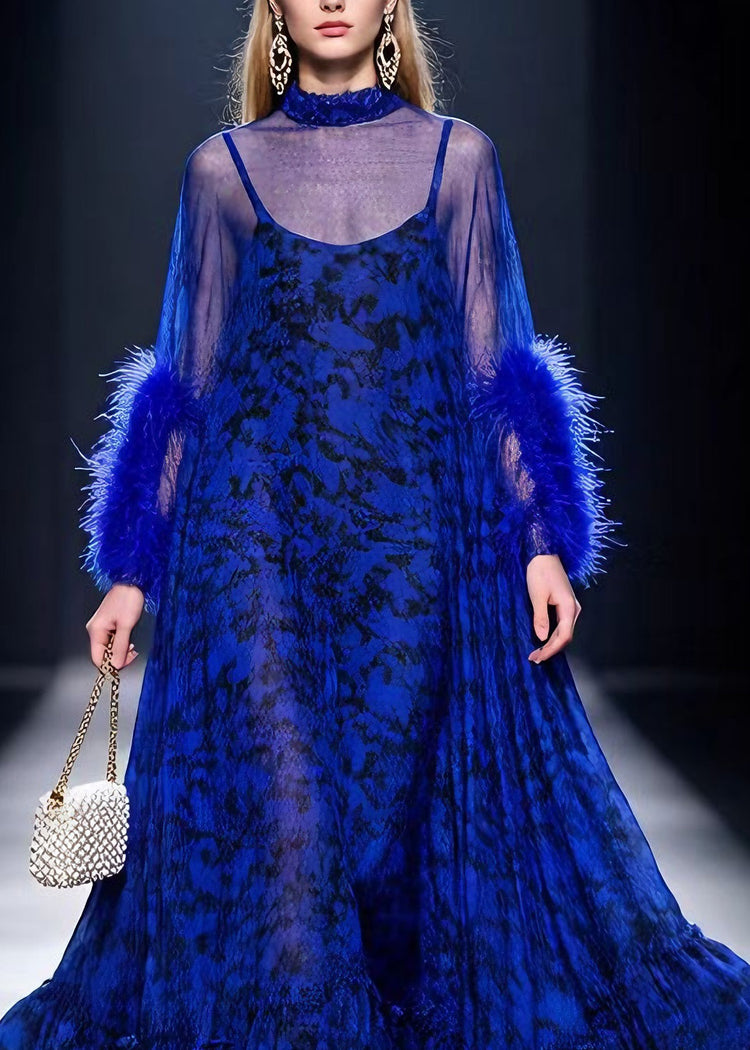 Boutique Blue Print Ruffled Fur Patchwork Cotton Maxi Dresses Spring - Omychic