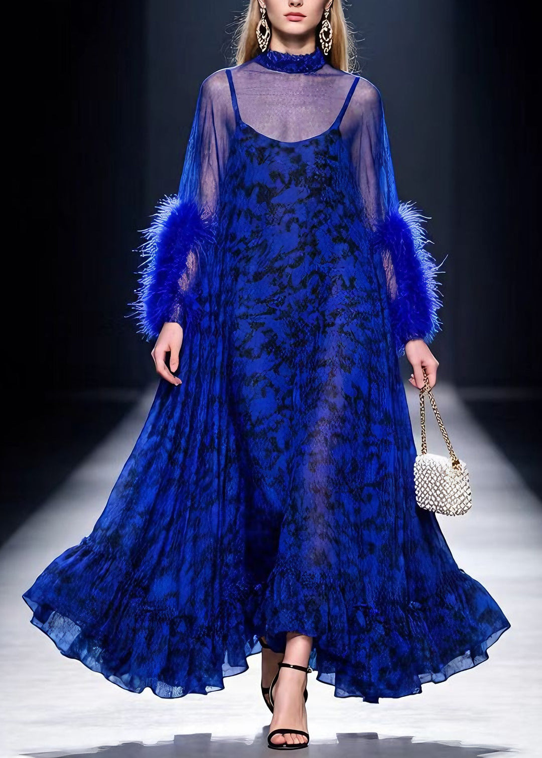 Boutique Blue Print Ruffled Fur Patchwork Cotton Maxi Dresses Spring - Omychic