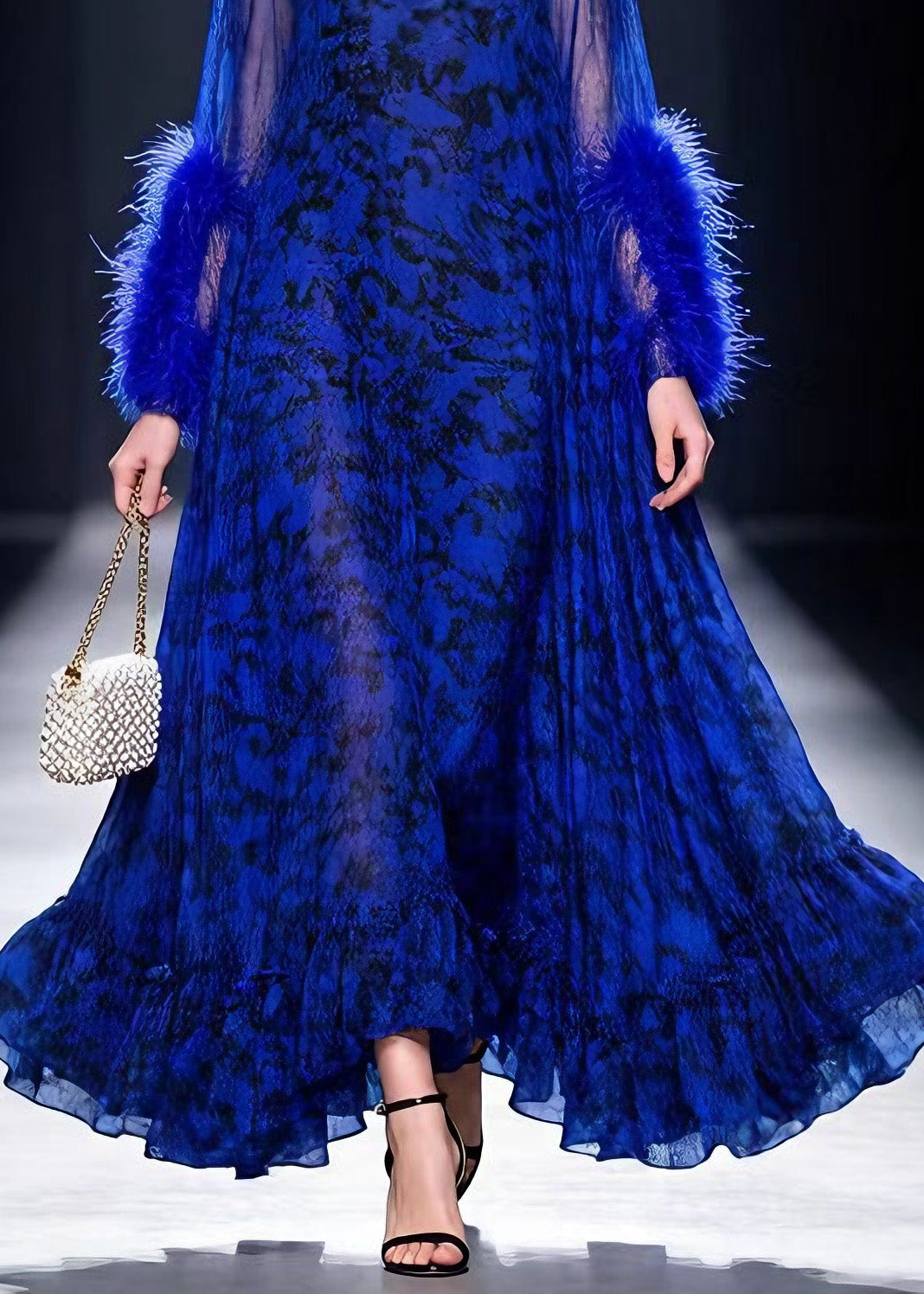 Boutique Blue Print Ruffled Fur Patchwork Cotton Maxi Dresses Spring - Omychic