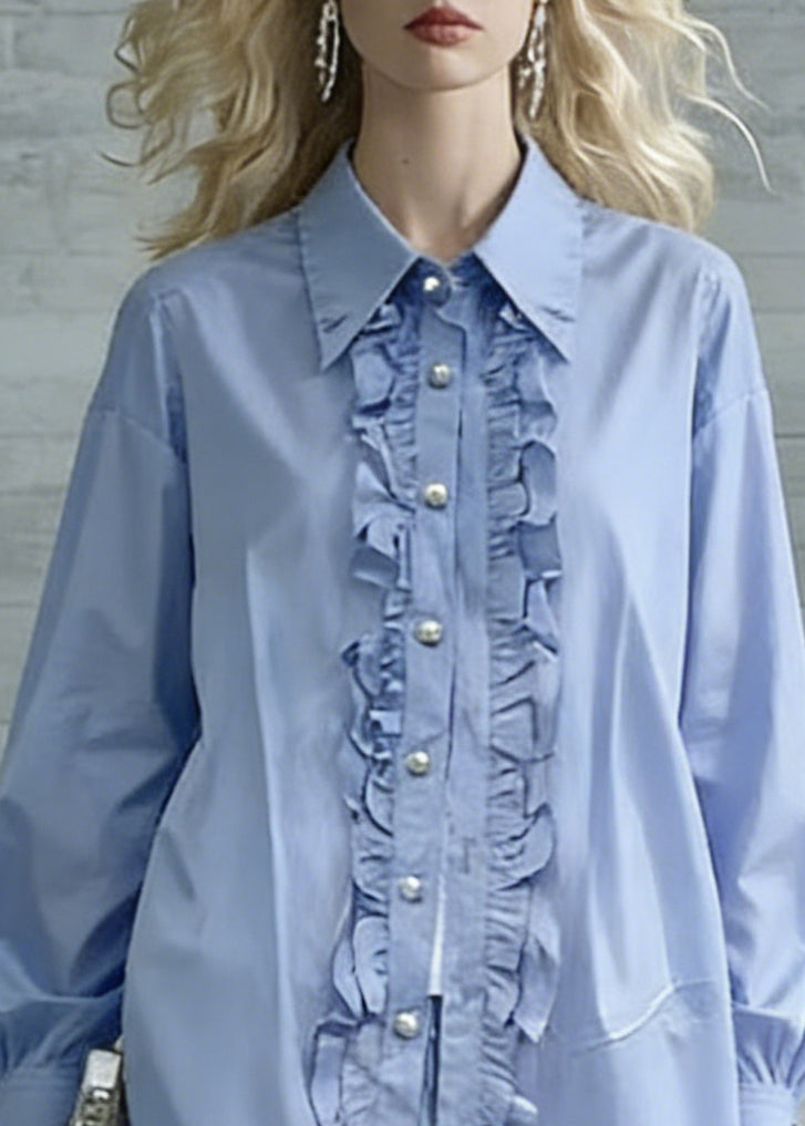 Boutique Blue Ruffled Button Cotton Blouses Spring - Omychic