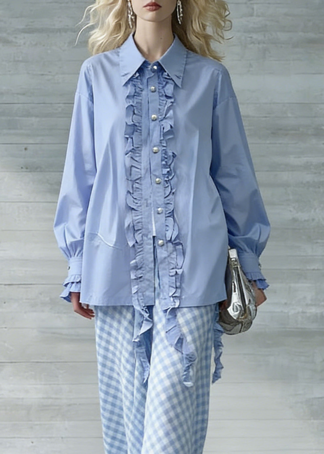 Boutique Blue Ruffled Button Cotton Blouses Spring - Omychic