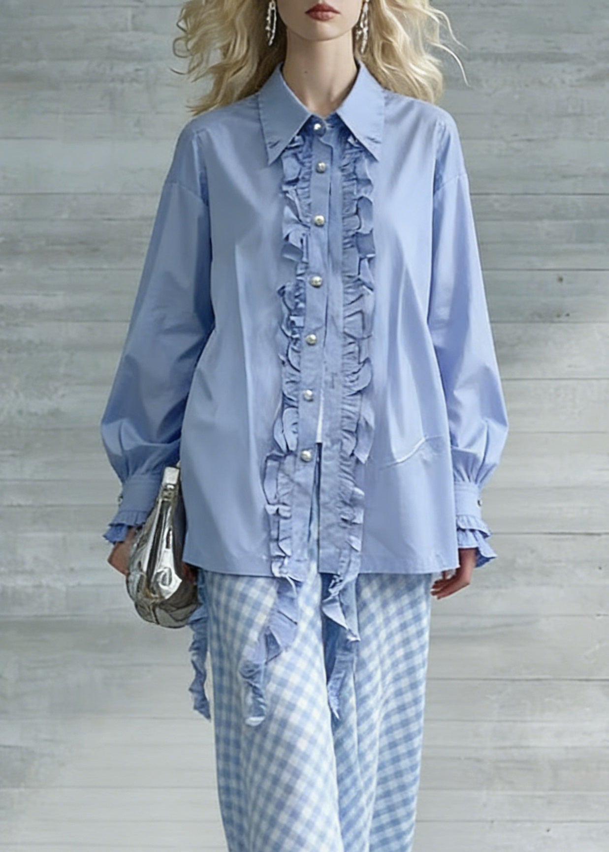 Boutique Blue Ruffled Button Cotton Blouses Spring - Omychic