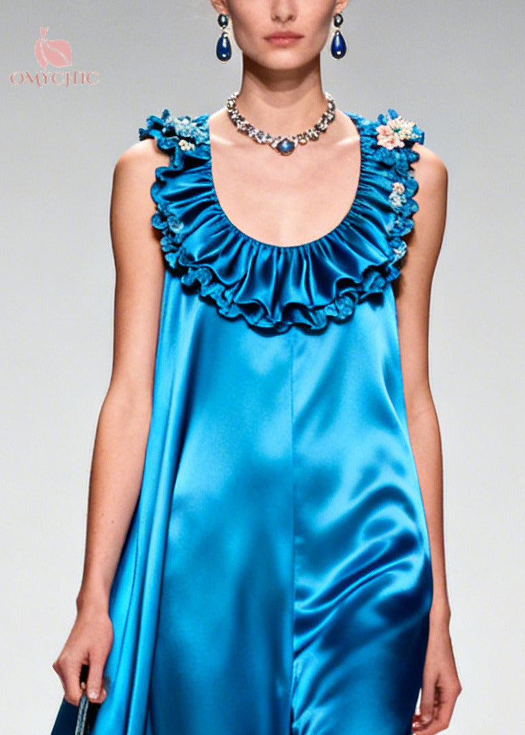 Boutique Blue Ruffled Exra Large Hem Silk Long Dress Summer