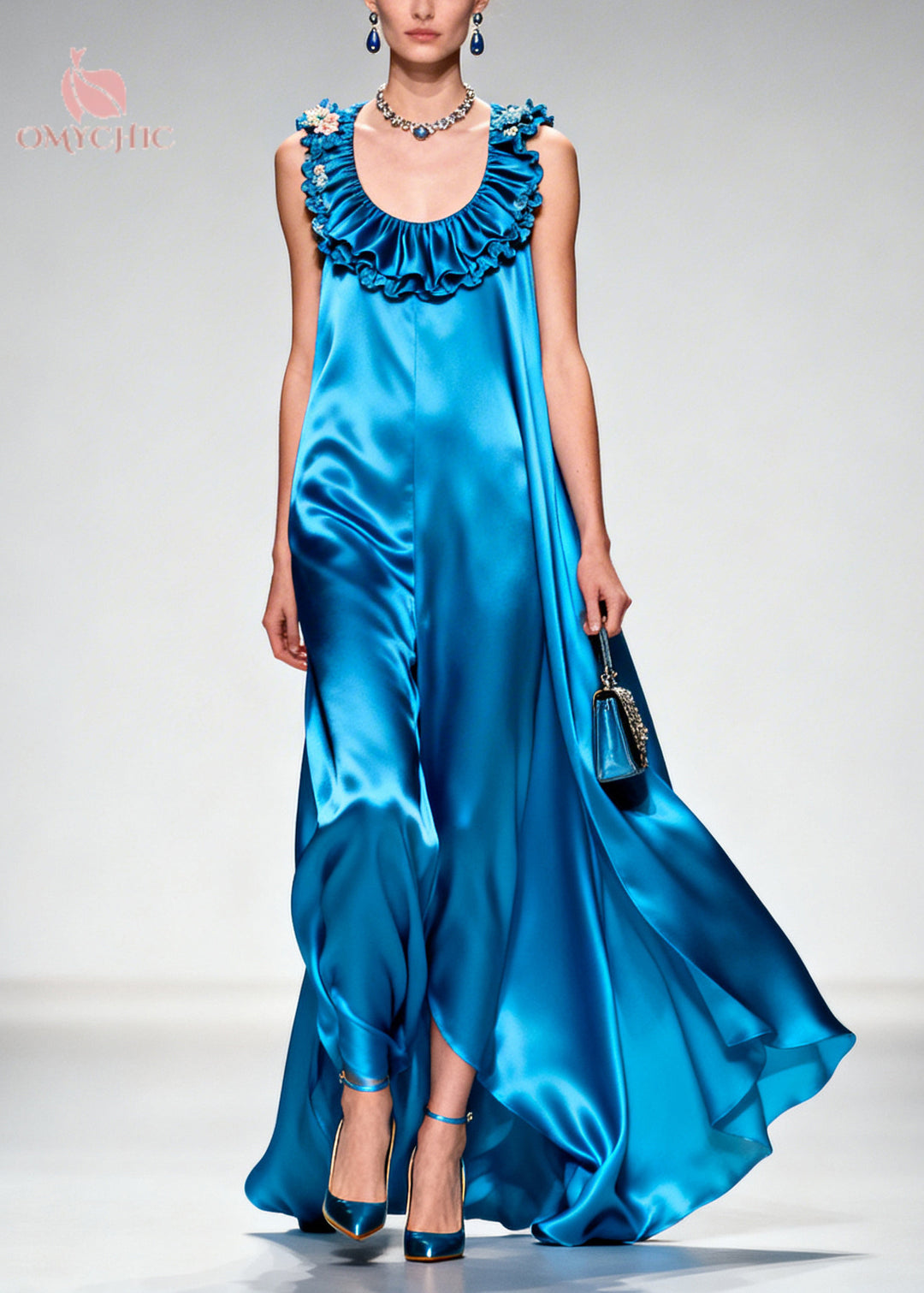 Boutique Blue Ruffled Exra Large Hem Silk Long Dress Summer
