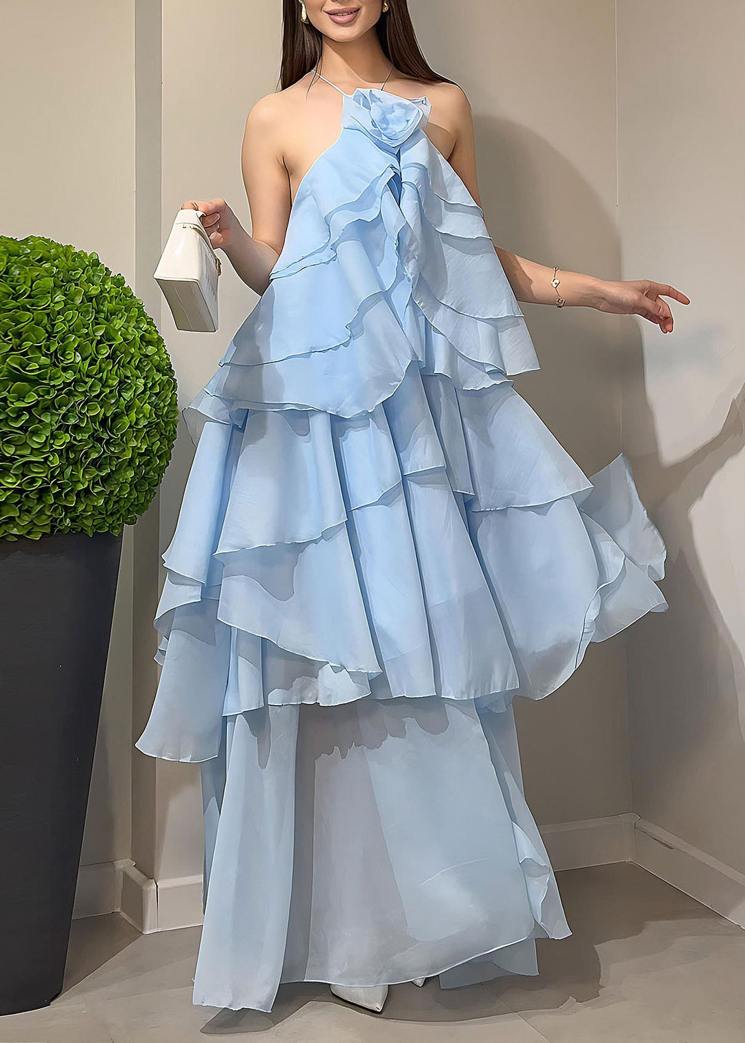 Boutique Blue Ruffled Floral Patchwork Chiffon Dress Summer