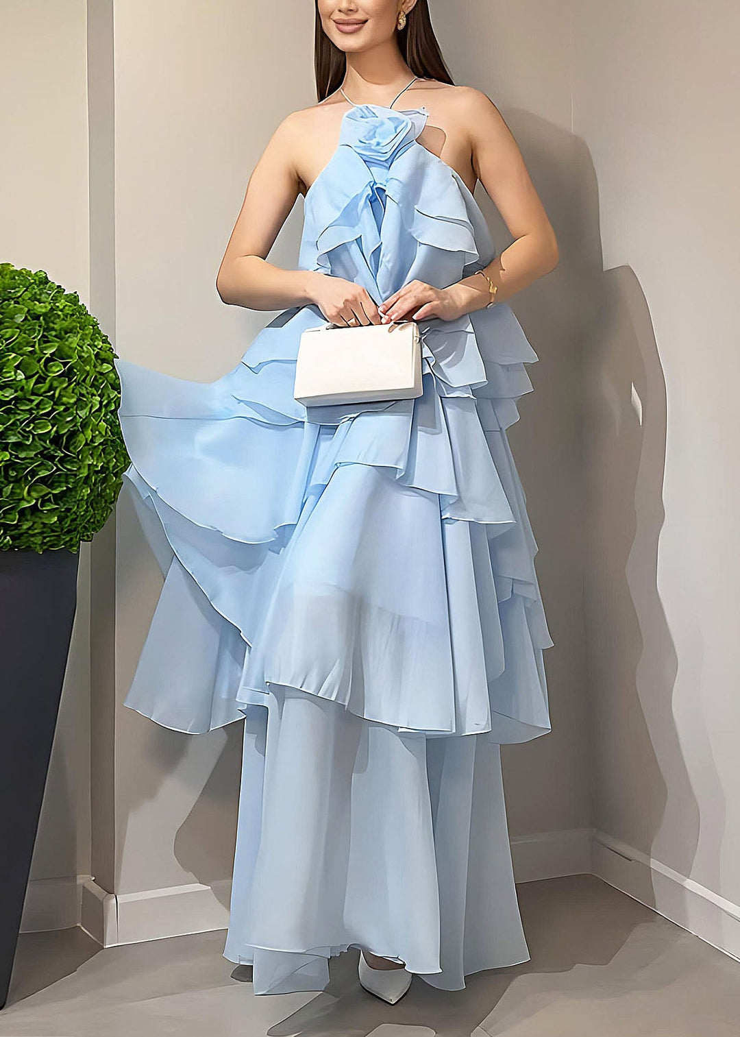 Boutique Blue Ruffled Floral Patchwork Chiffon Dress Summer