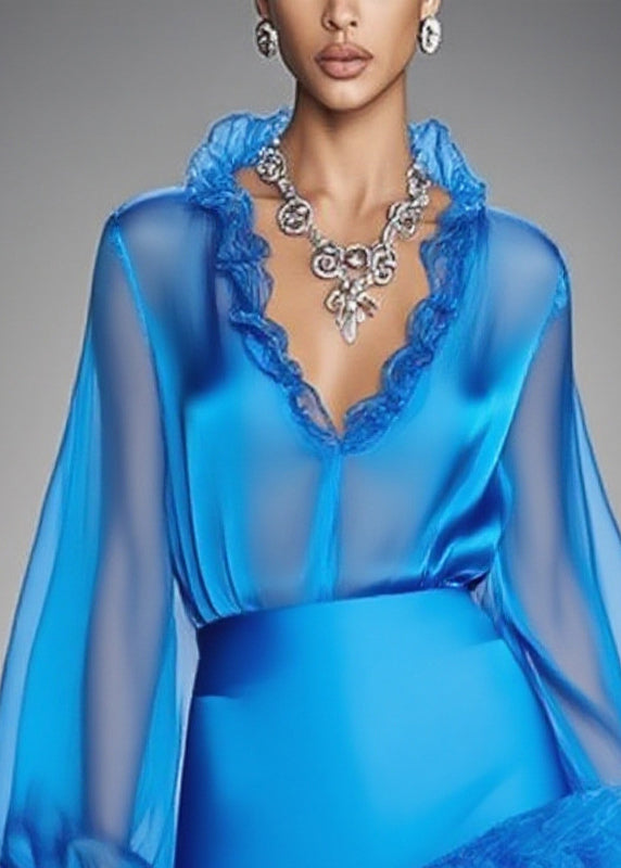 Boutique Blue Ruffled Patchwork Tulle Shirt And Skirt Two Piece Set Spring - Omychic