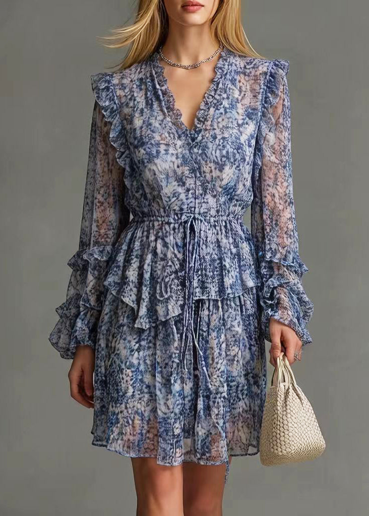 Boutique Blue Ruffled Print Chiffon Cinched Dresses Spring