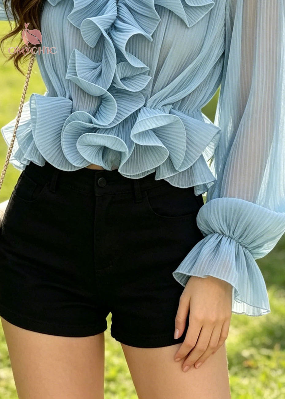 Boutique Blue Ruffled Wrinkled Chiffon Shirt Summer
