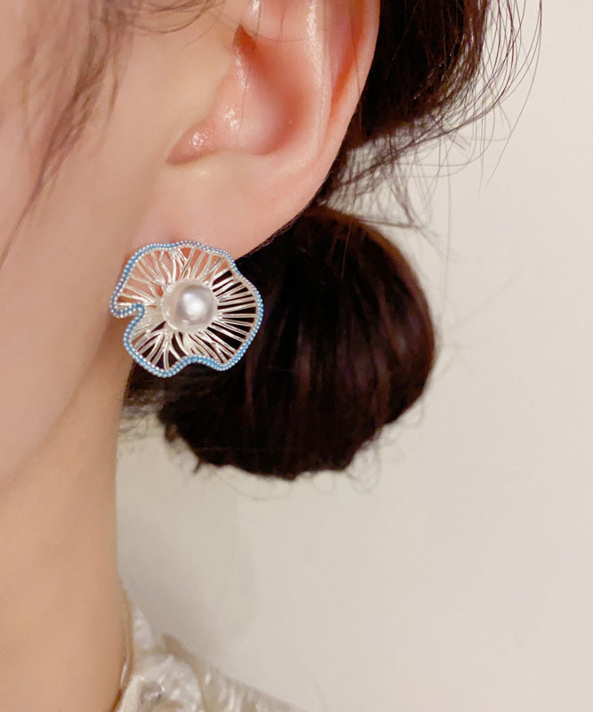 Boutique Blue Sterling Silver Alloy Hollow Out Floral Stud Earrings