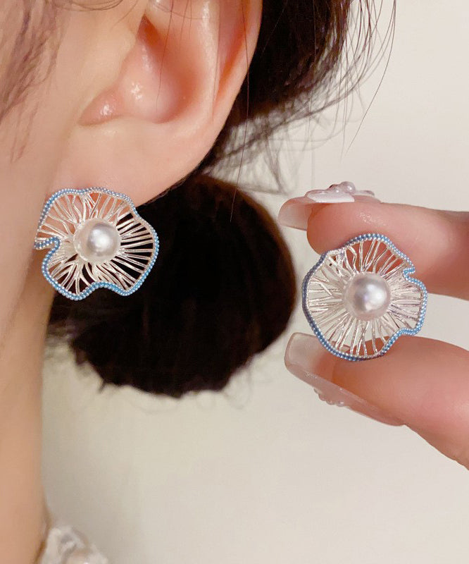 Boutique Blue Sterling Silver Alloy Hollow Out Floral Stud Earrings