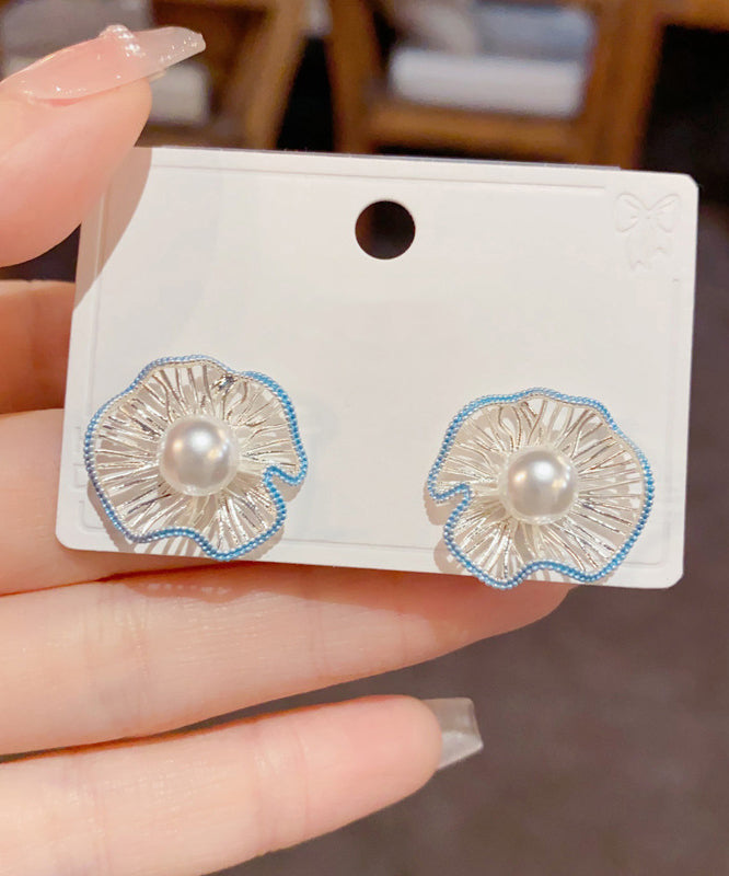 Boutique Blue Sterling Silver Alloy Hollow Out Floral Stud Earrings