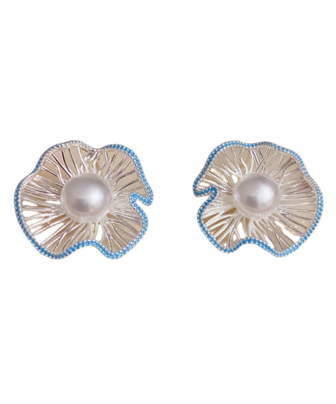 Boutique Blue Sterling Silver Alloy Hollow Out Floral Stud Earrings