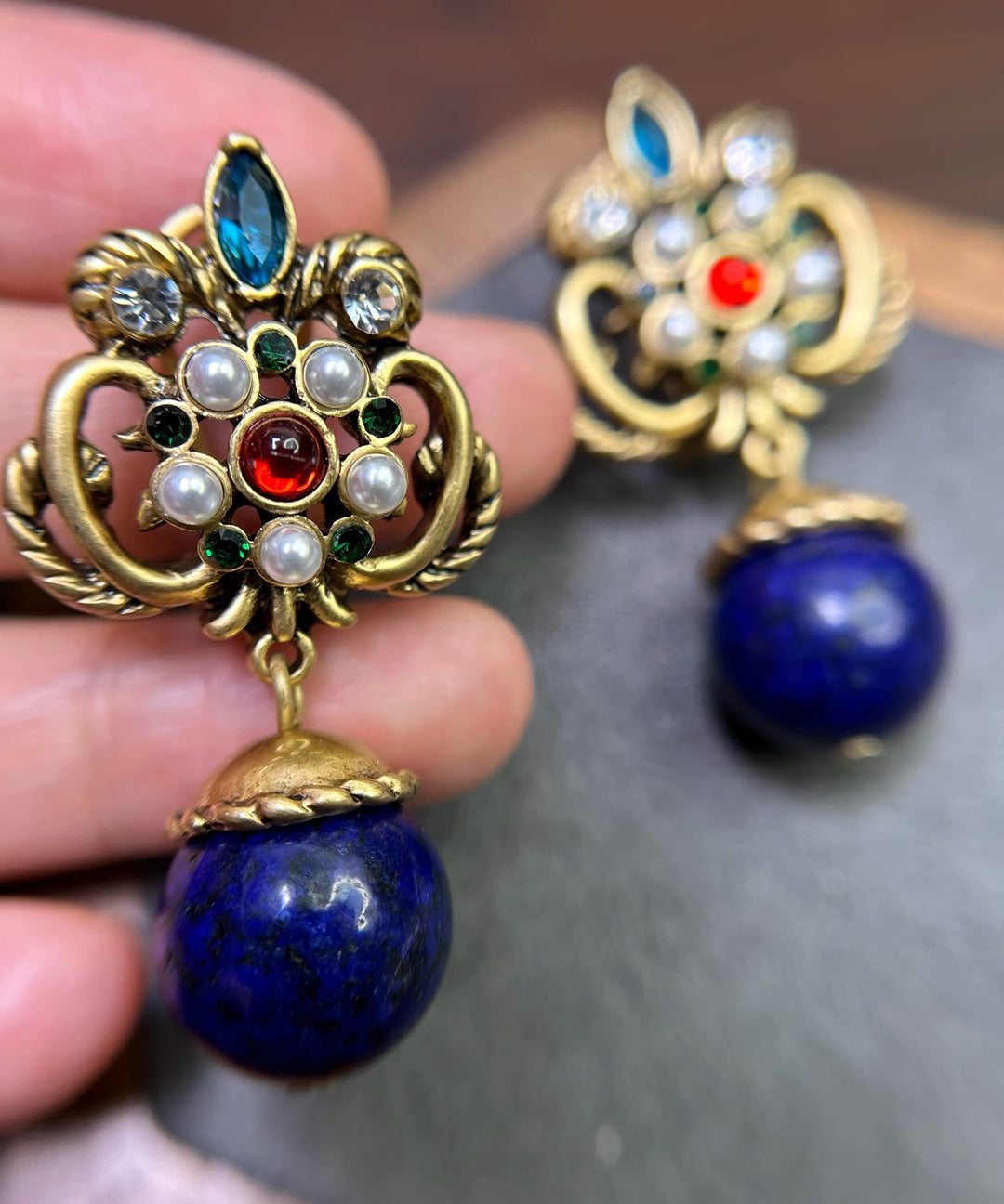 Boutique Blue Sterling Silver Overgild Fleur-De-Lis Gem Stone Drop Earrings