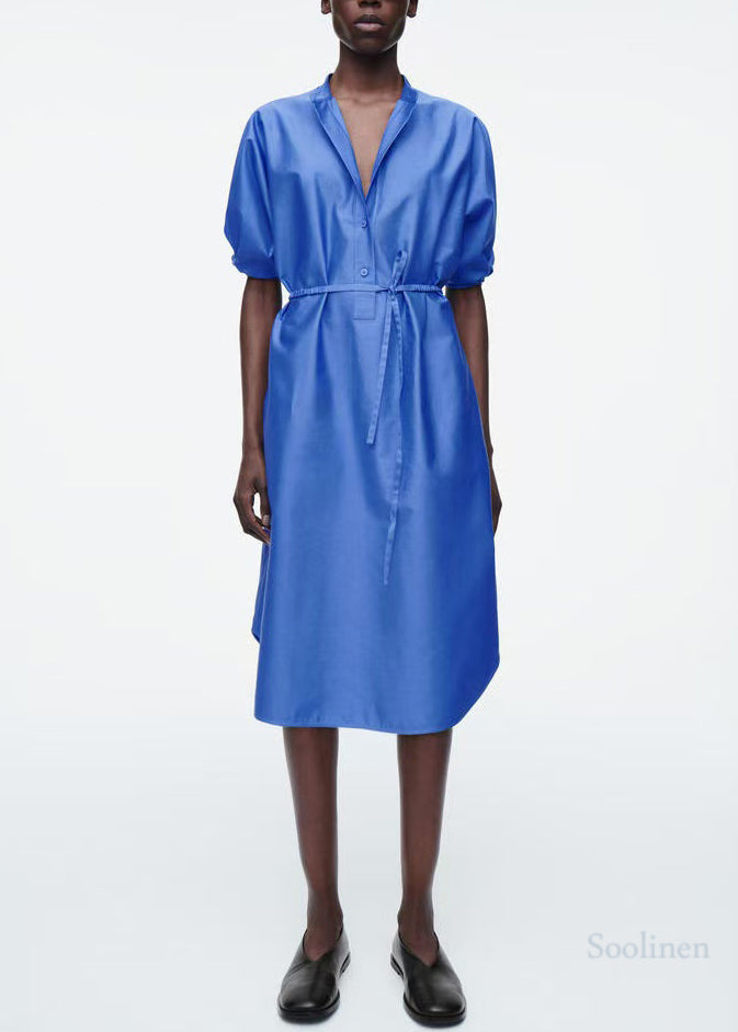 Boutique Blue Tie Waist Cotton Shirt Dresses Summer