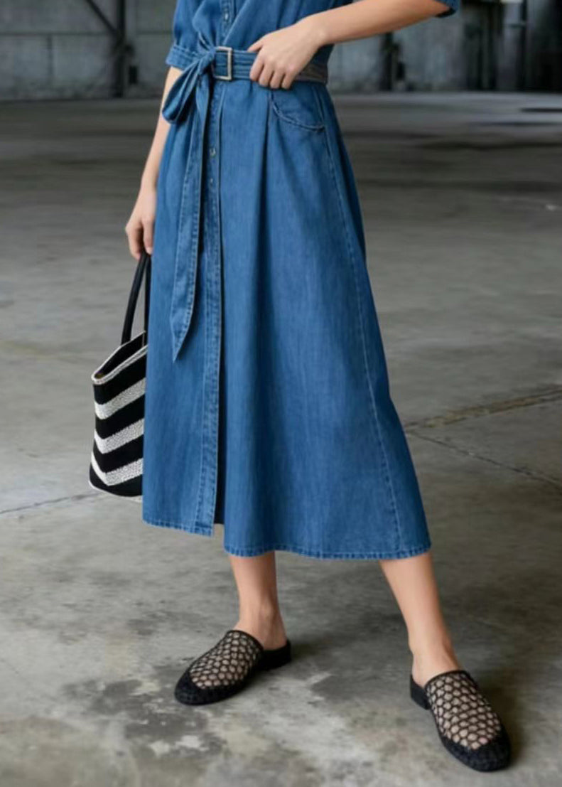 Boutique Blue Tie Waist Denim Long Dresses Half Sleeve