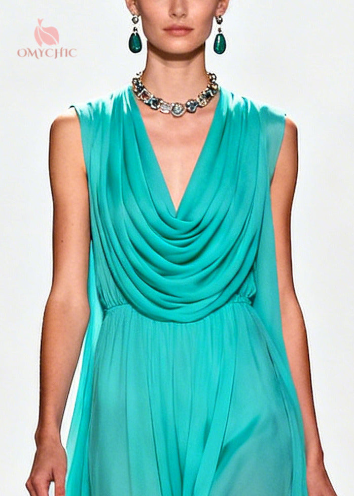 Boutique Blue Turtle Neck Patchwork Flower Lace Chiffon Maxi Dress Summer