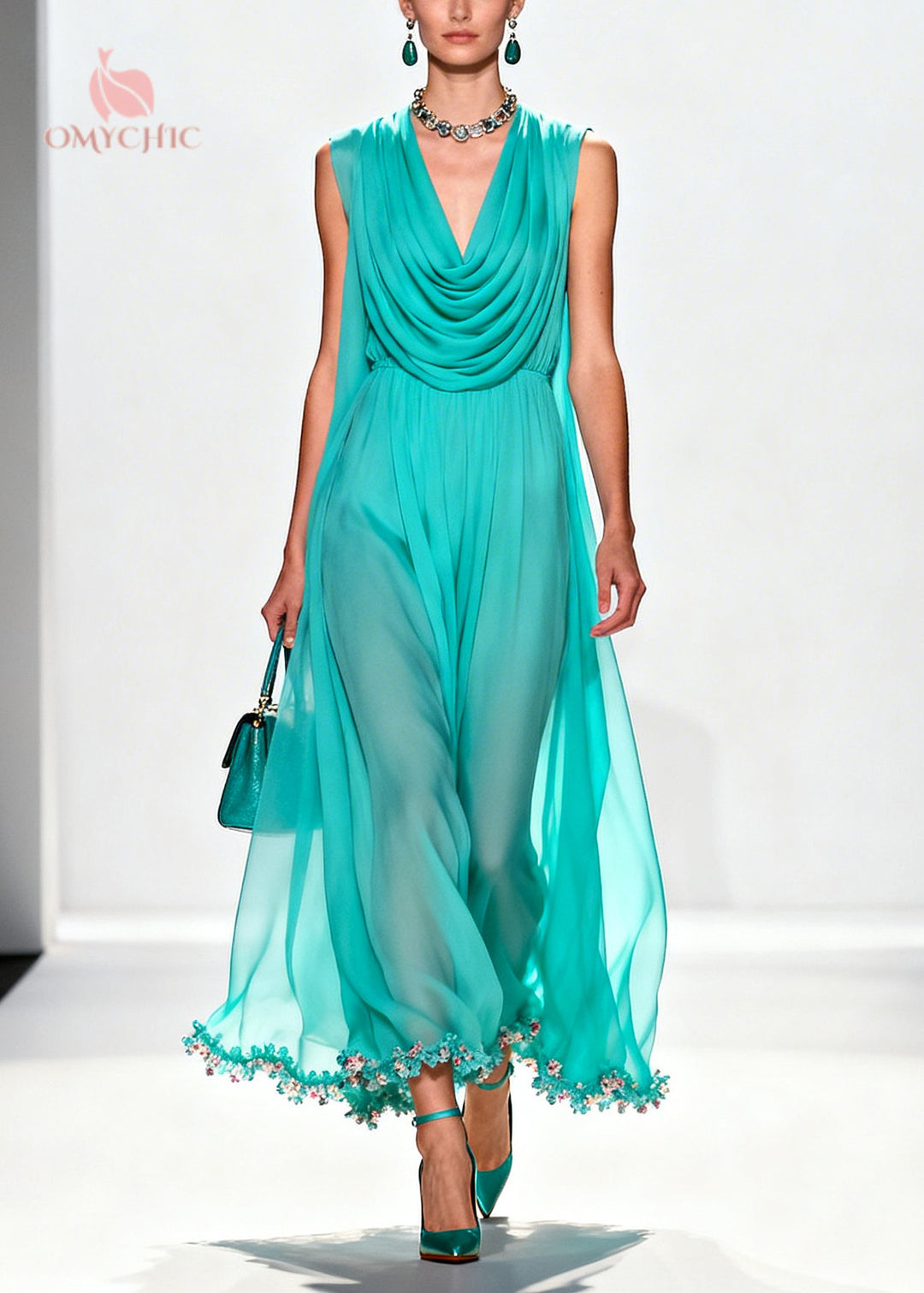 Boutique Blue Turtle Neck Patchwork Flower Lace Chiffon Maxi Dress Summer