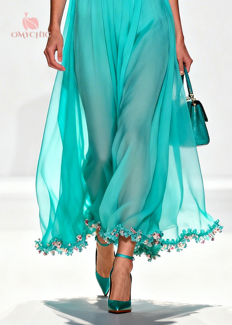 Boutique Blue Turtle Neck Patchwork Flower Lace Chiffon Maxi Dress Summer