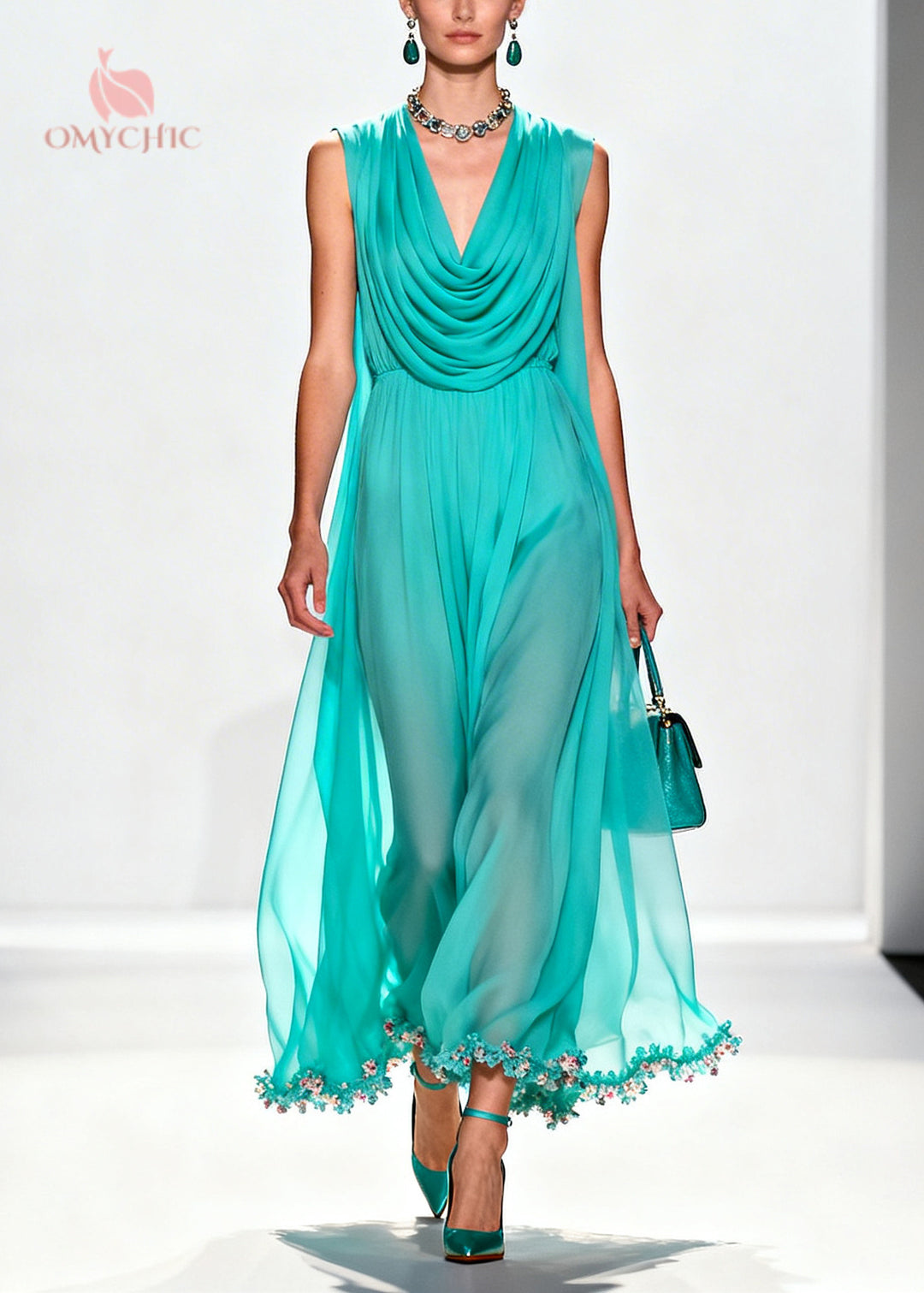 Boutique Blue Turtle Neck Patchwork Flower Lace Chiffon Maxi Dress Summer