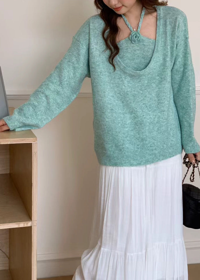 Boutique Blue U Neck Floral Knit Sweaters Two Piece Set Winter