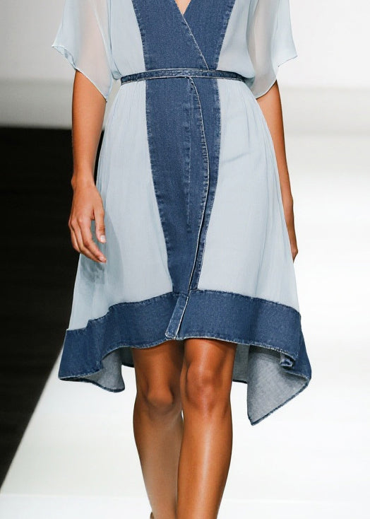 Boutique Blue V Neck Patchwork Chiffon Tea Dress Summer