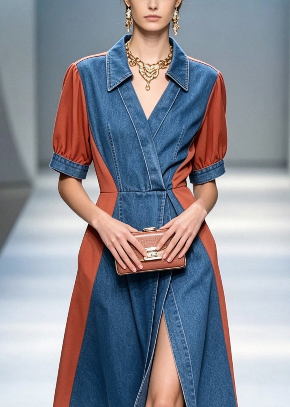Boutique Blue V Neck Patchwork Maxi Dresses Short Sleeve