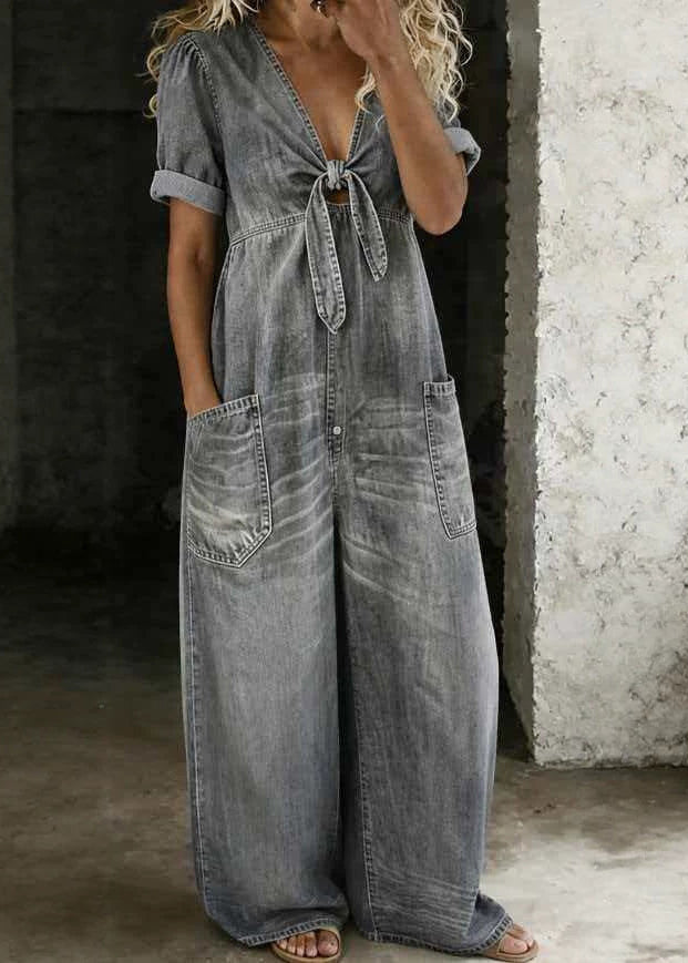Boutique Blue V Neck Pockets Bow Patchwork Denim Jumpsuit Summer