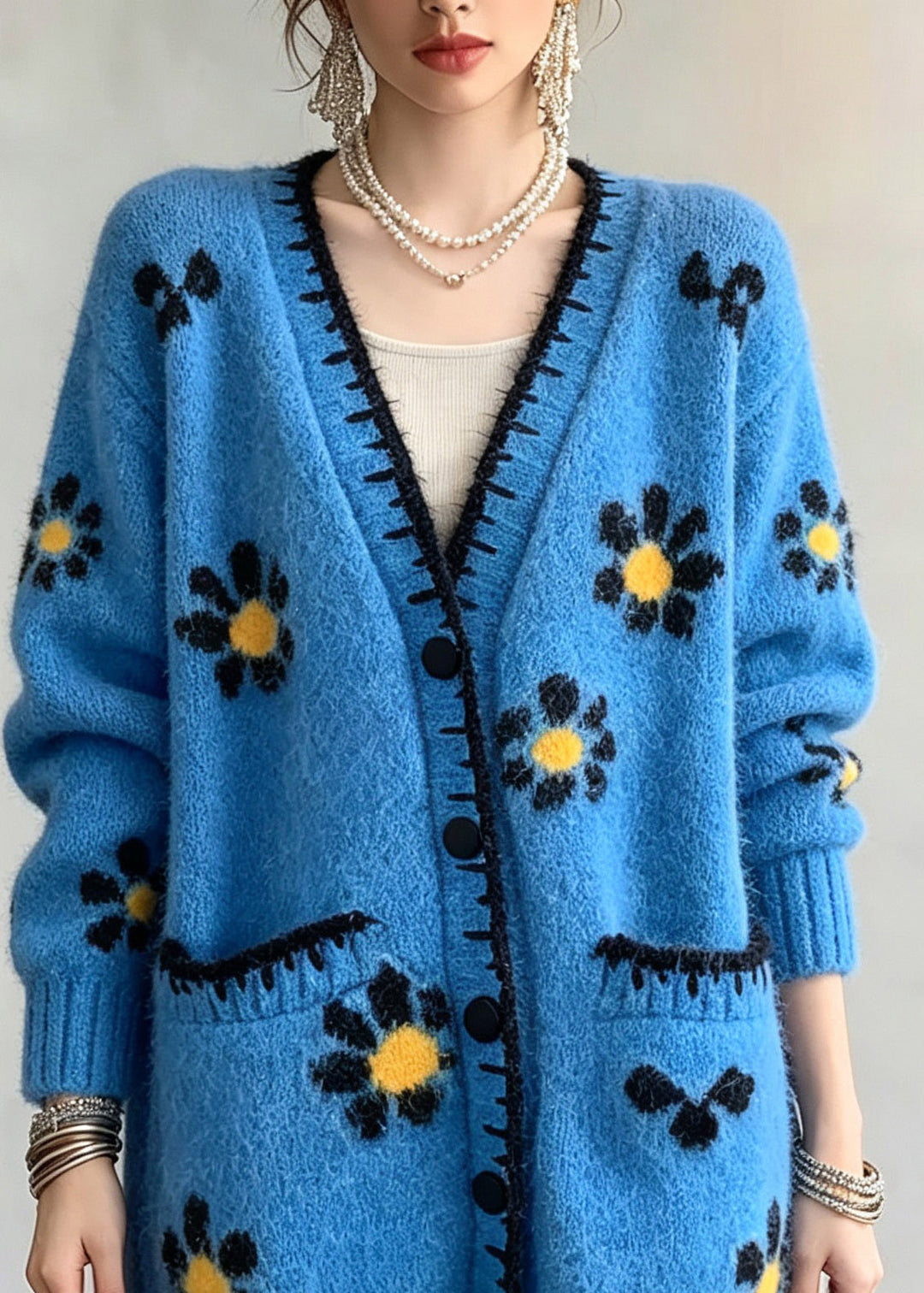 Boutique Blue V Neck Print Cotton Knit Cardigan Fall