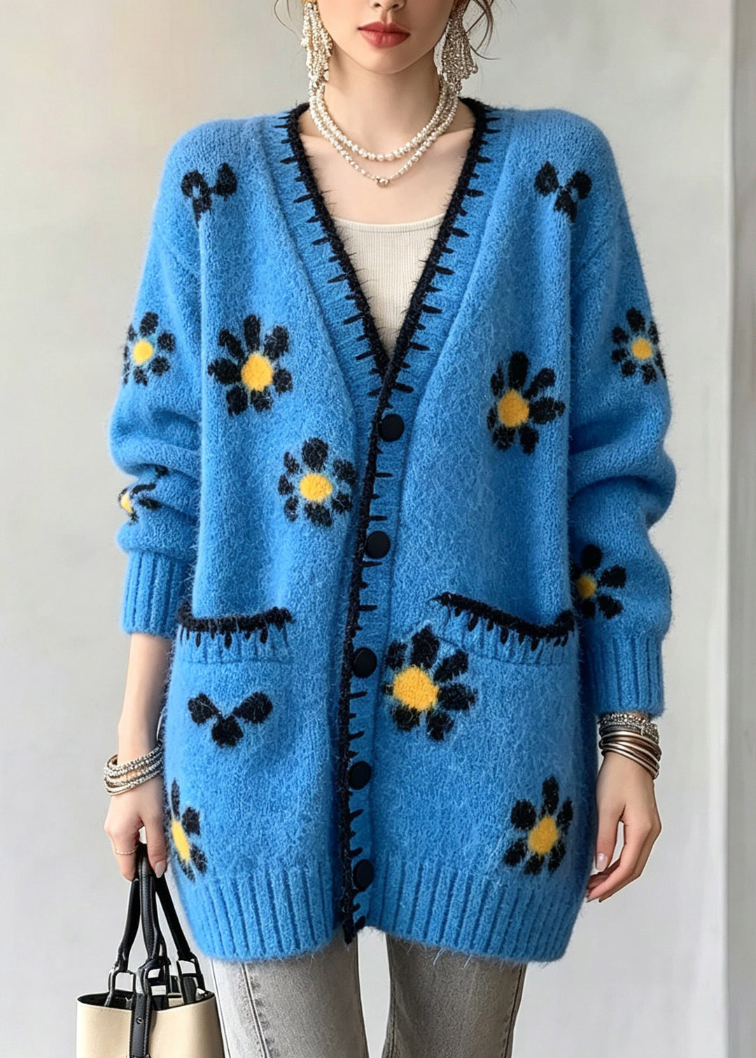 Boutique Blue V Neck Print Cotton Knit Cardigan Fall