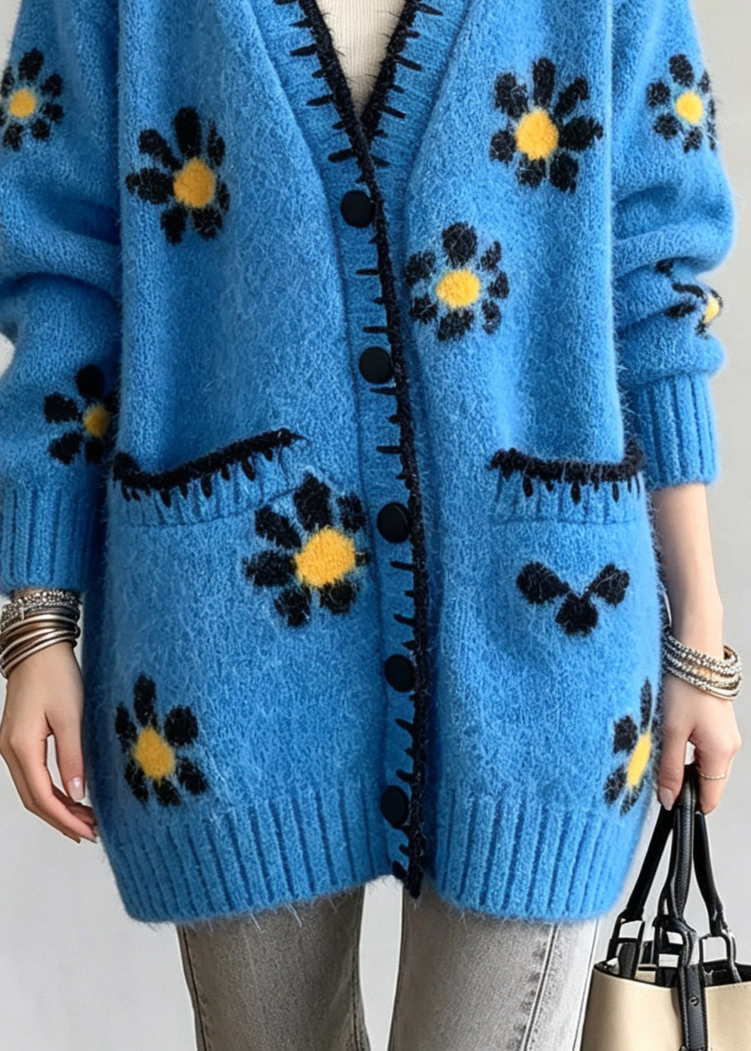 Boutique Blue V Neck Print Cotton Knit Cardigan Fall